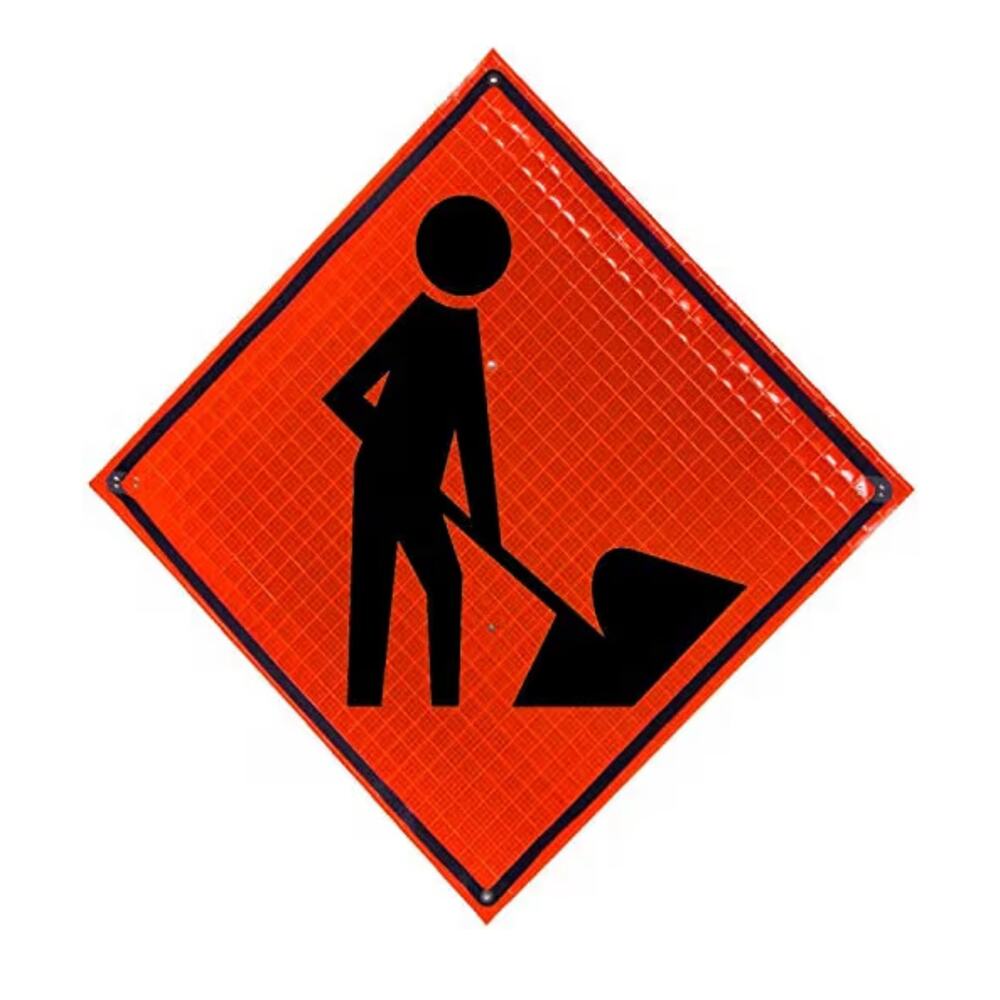 NEW 36" Reflective Fluorescent Orange Roll-Up Warning Sign. (WORKER SYMBOL)